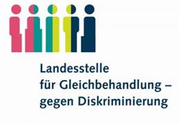 The logo of the Landesstelle für Gleichbehandlung - gegen Diskriminierung shows 5 pictograms of persons in the upper left corner. The very left head is pink, just like the body, which 'slides' a bit to the left in the half. The second head is divided in the middle pink/turquoise, as well as the corresponding body, which gets wider with a step down. The third body in pink/light green is completely straight, the next one is light green/dark blue and becomes narrower towards the bottom, as if two arms are visible at the sides. The last pictogram is completely dark blue and has a step to the left, relatively far down. 
Below the pictograms, the name of the country is left-aligned, indented by about a third.
